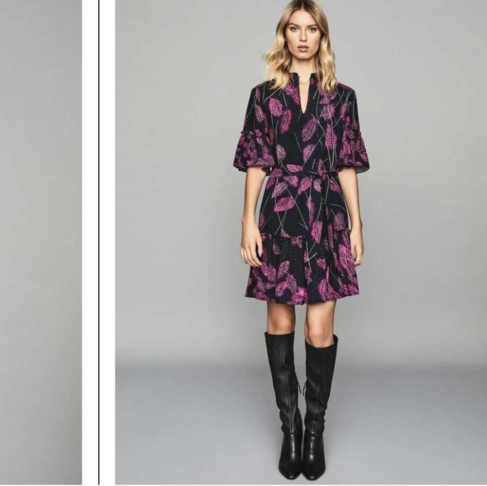 Reiss Black Dress with Pink Leaf Print Midi - Picture 4 of 16